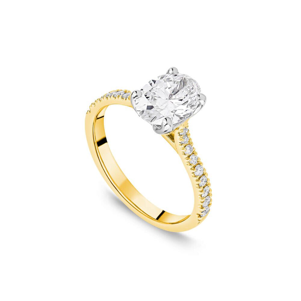 18ct yellow gold engagement ring with 1.20ct lab-grown oval diamond and diamond-set shoulders.
